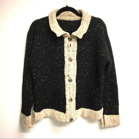 WOOL Ireland Donegal Chunky Knit Button Front Cardigan Sweater Black L - Picture 2 of 8